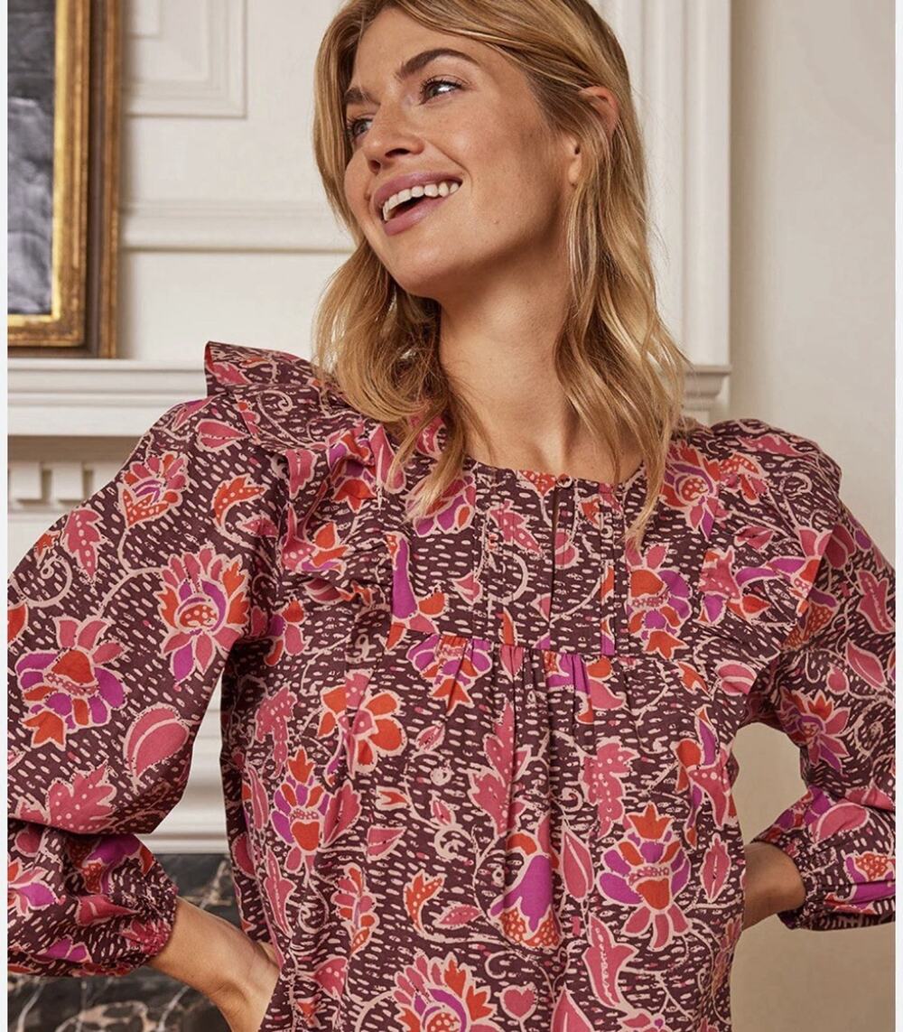 Summersalt Countryside Pink Floral Poplin Ruffle Organic Cotton Shirt Small Af5